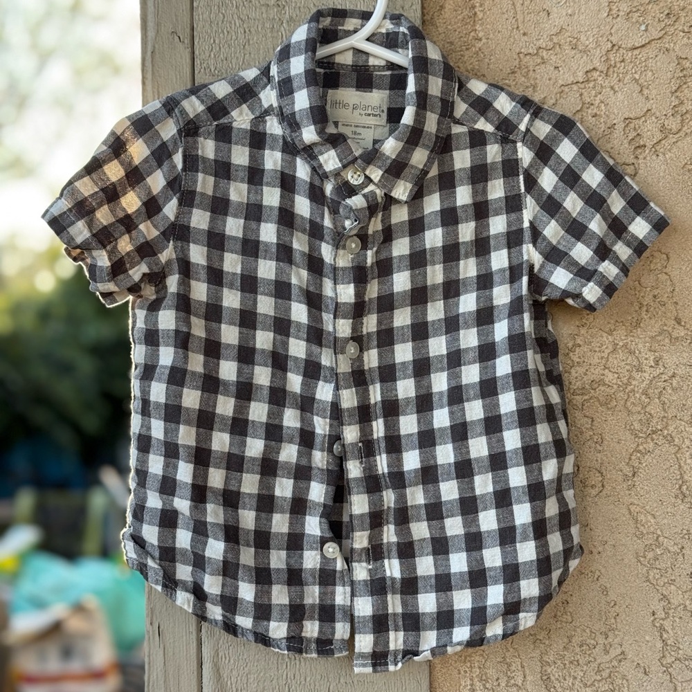 Little Planet Black and White Check Short-Sleeve Button-Down Shirt for Kids